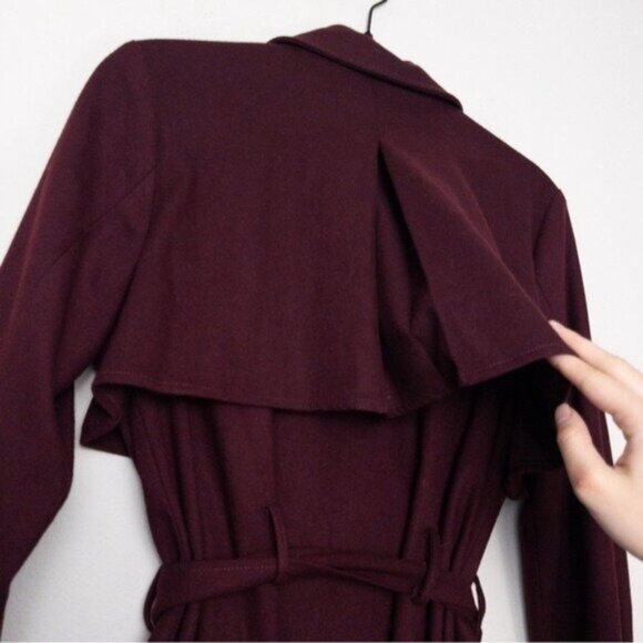 NEW J.O.A Belted Trench Coat S Burgundy Maroon Tie Cuff Double Breasted Utility - Picture 11 of 12